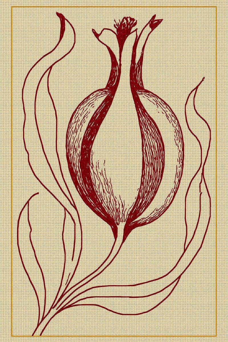 Original drawing of burgundy split tulip with flowing leaves from Turkish Embroidery Motifs Book Four.