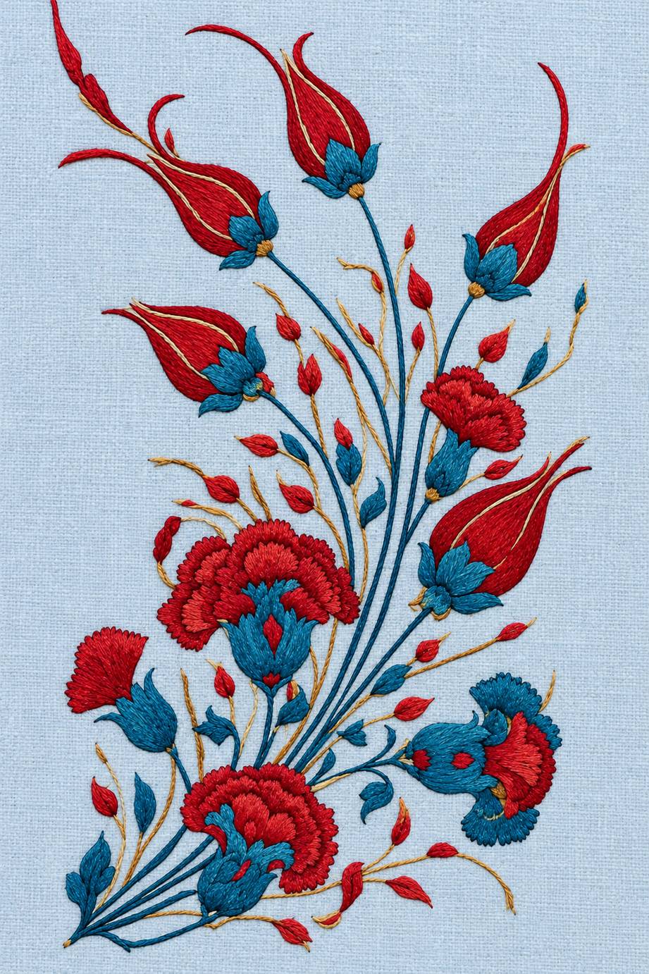 Fine cotton embroidery of crimson long petalled tulip and carnation spray on powder blue linen.