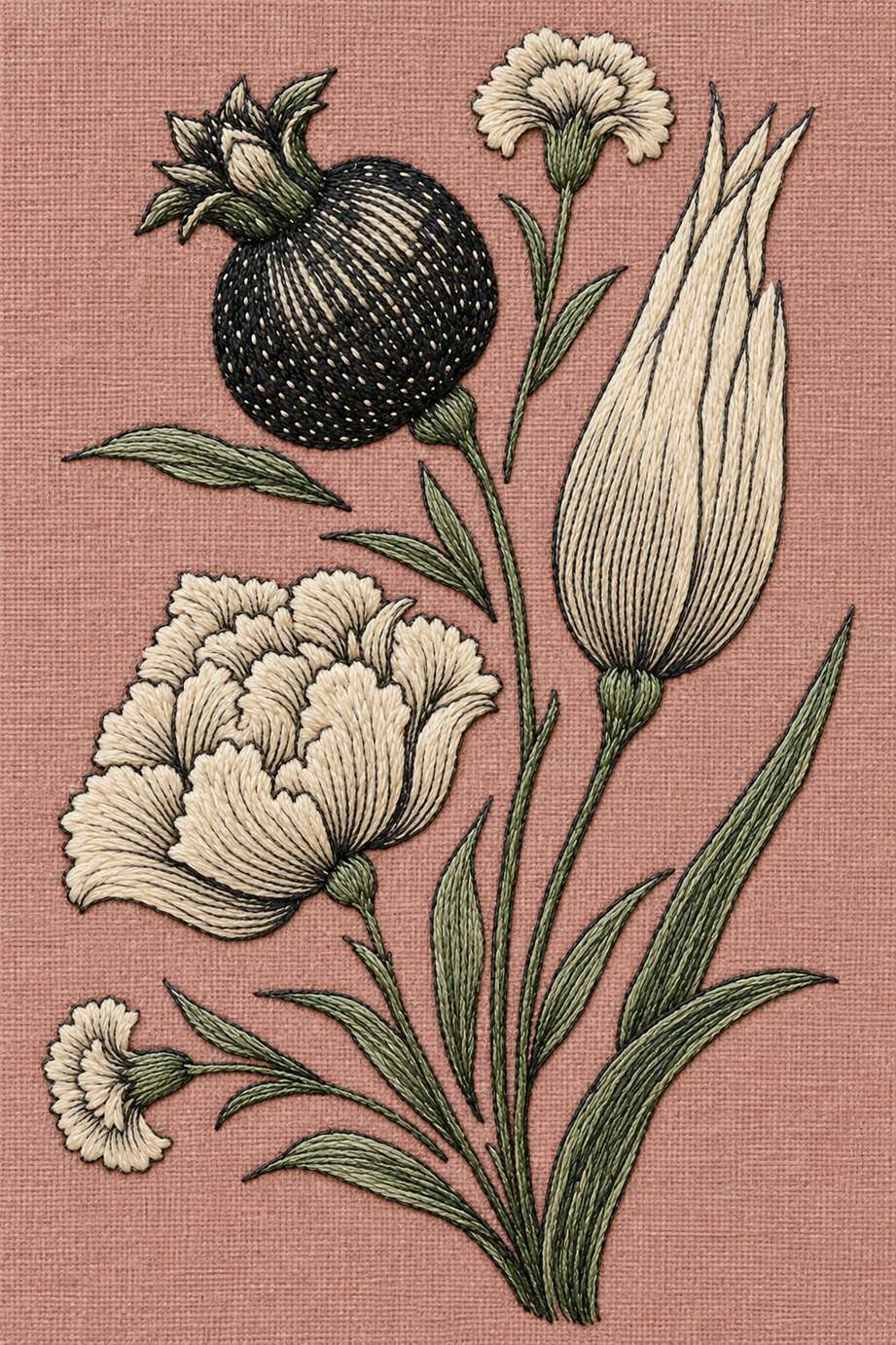 Fine cotton embroidery of dark pomegranate long tulip and carnations on dusty rose linen.