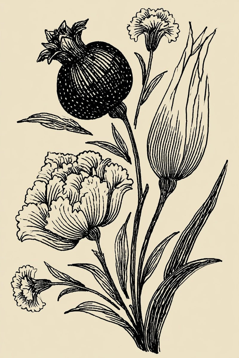 Original drawing of dark pomegranate long tulip and carnations from Turkish Embroidery Motifs Book Four.