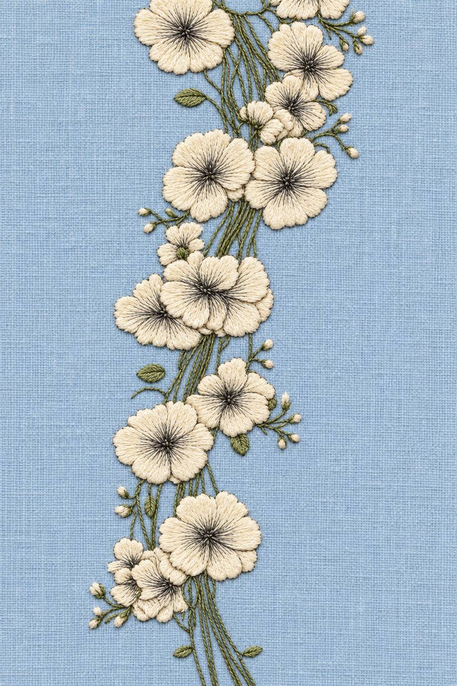 Fine cotton embroidery of five petalled blossom ribbon border on powder blue linen.