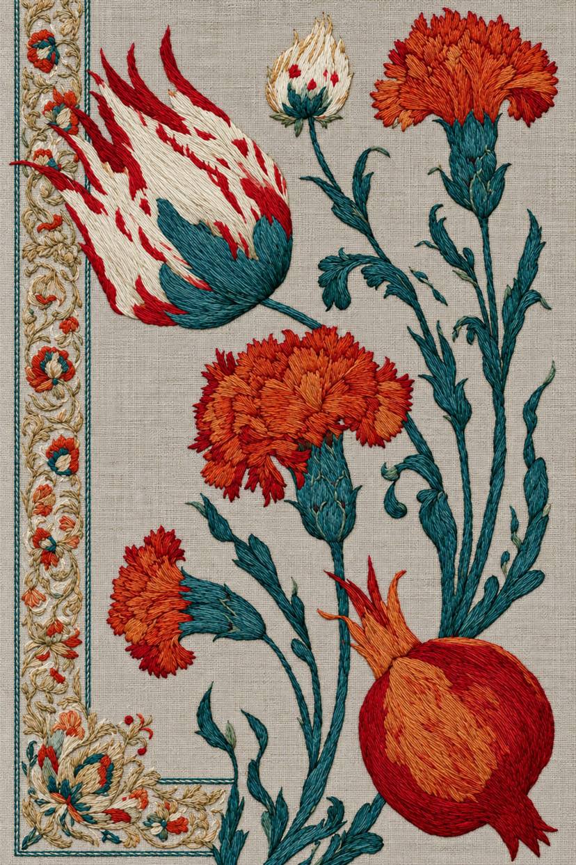 Fine cotton embroidery of flame tulip carnation and pomegranate corner on stone grey linen.