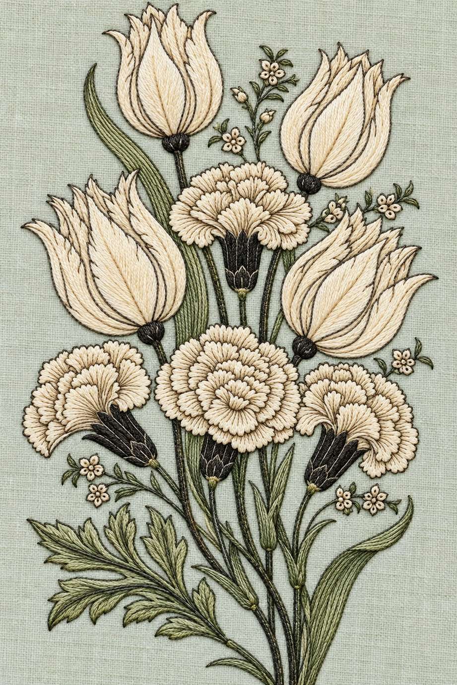 Fine cotton embroidery of four tulips and layered carnation bouquet on pale celadon linen.