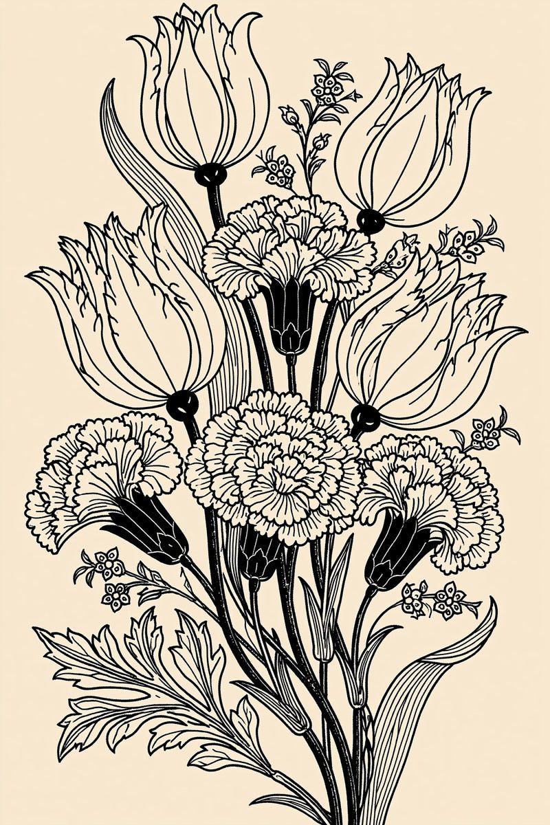 Original drawing of four tulips and layered carnation bouquet from Turkish Embroidery Motifs Book Four.