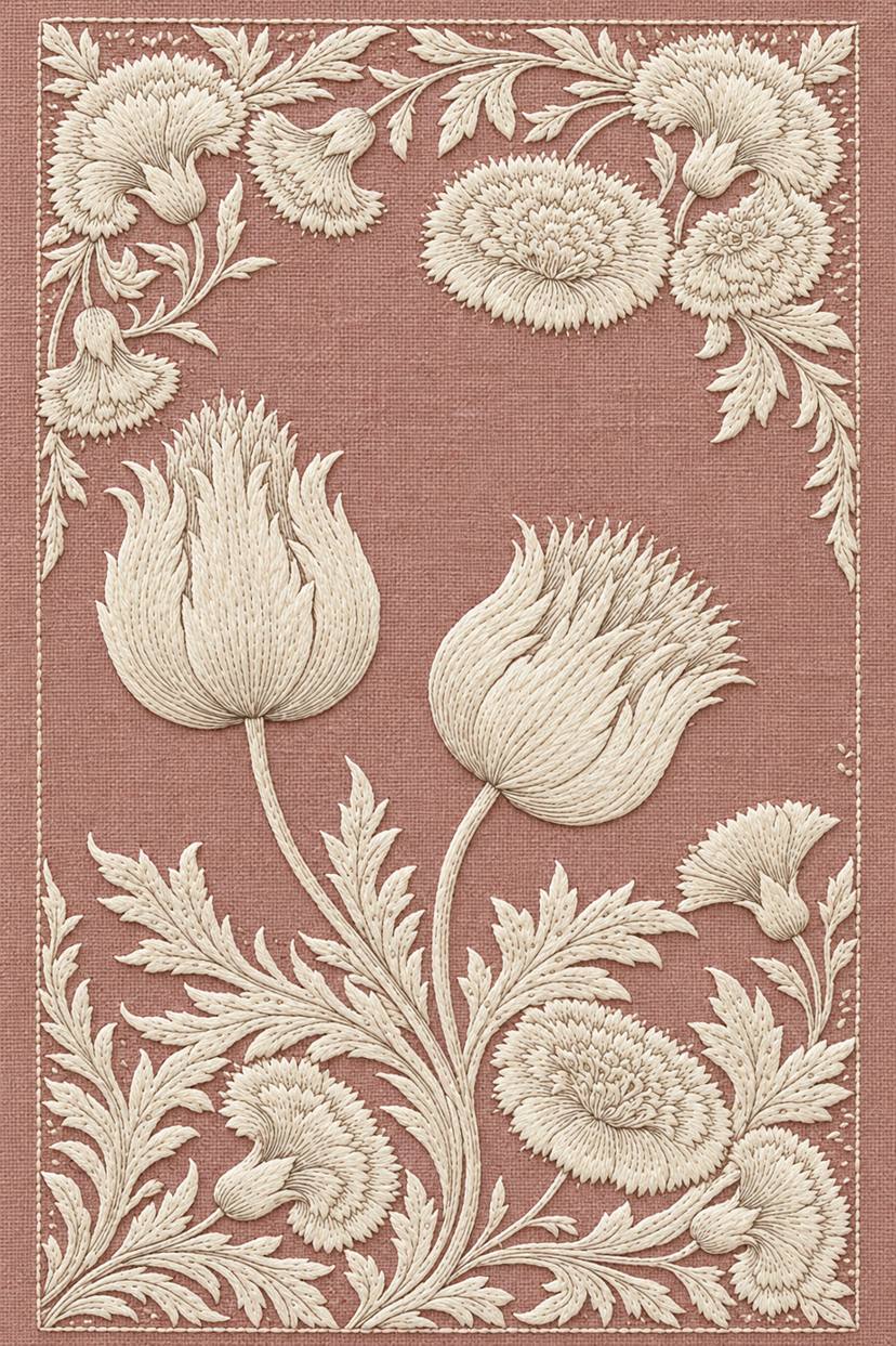 Fine cotton embroidery of ivory tulip and carnation ornamental frame on dusty rose linen.