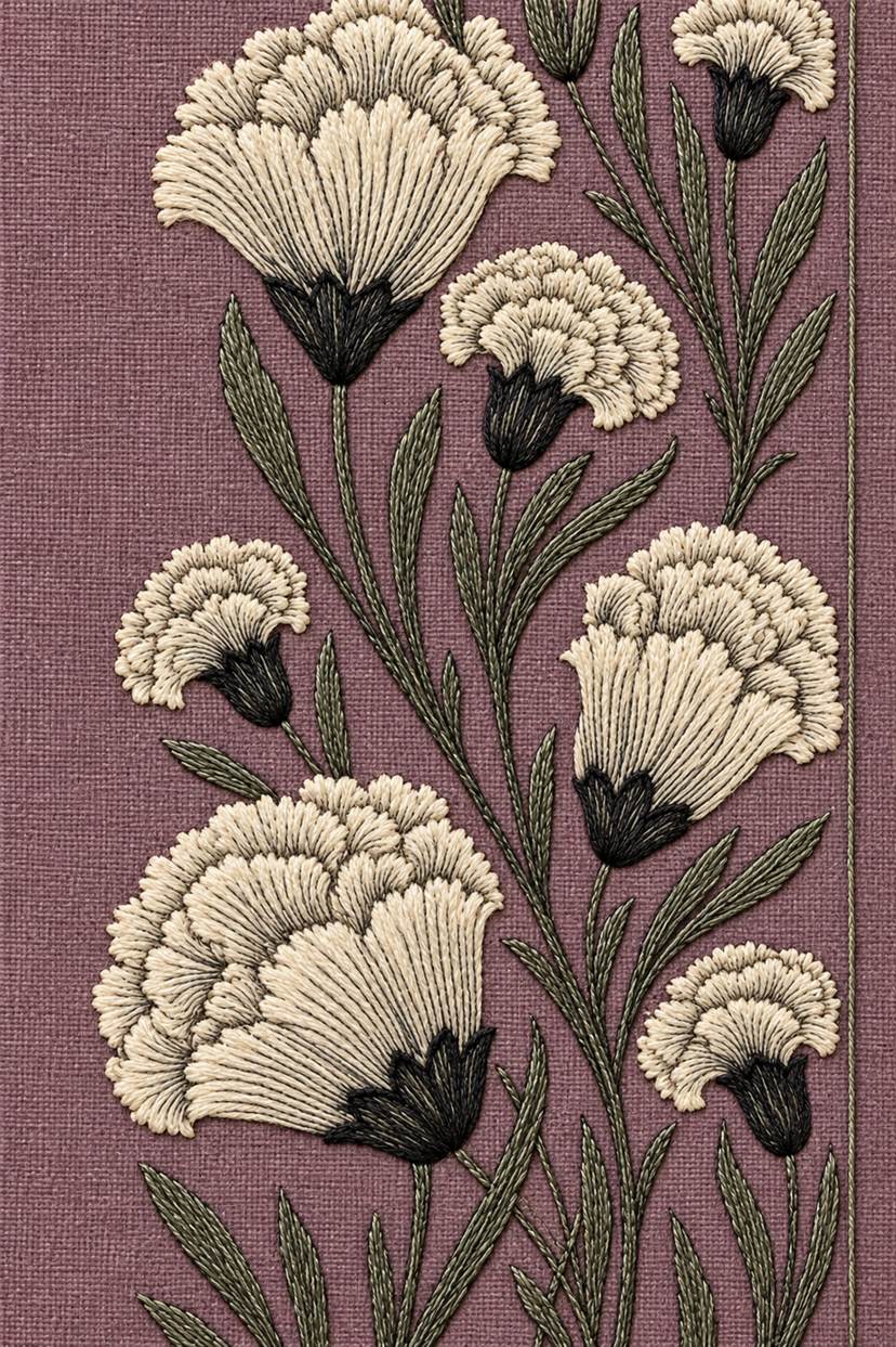 Fine cotton embroidery of layered carnation and blade leaf vertical band on dusty plum linen.