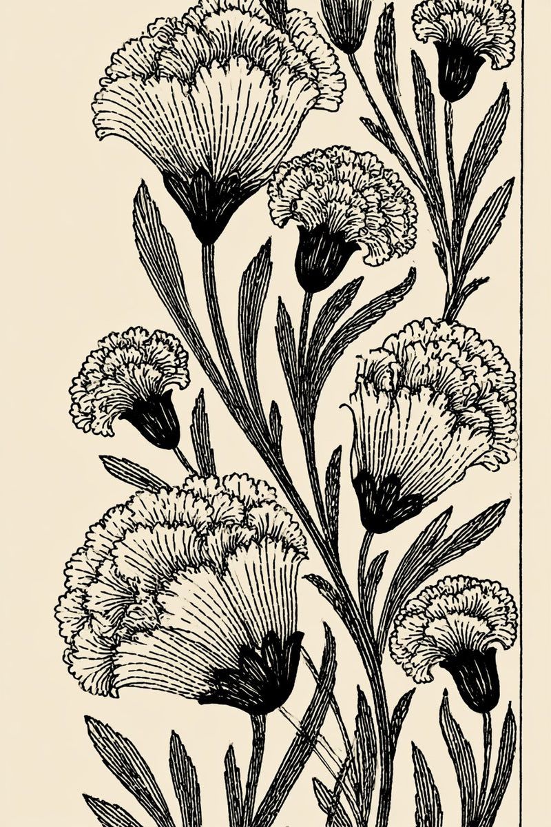 Original drawing of layered carnation and blade leaf vertical band from Turkish Embroidery Motifs Book Four.
