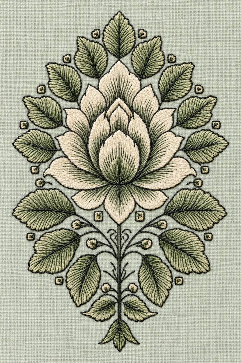 Fine cotton embroidery of layered lotus and symmetrical leaf medallion on pale celadon linen.