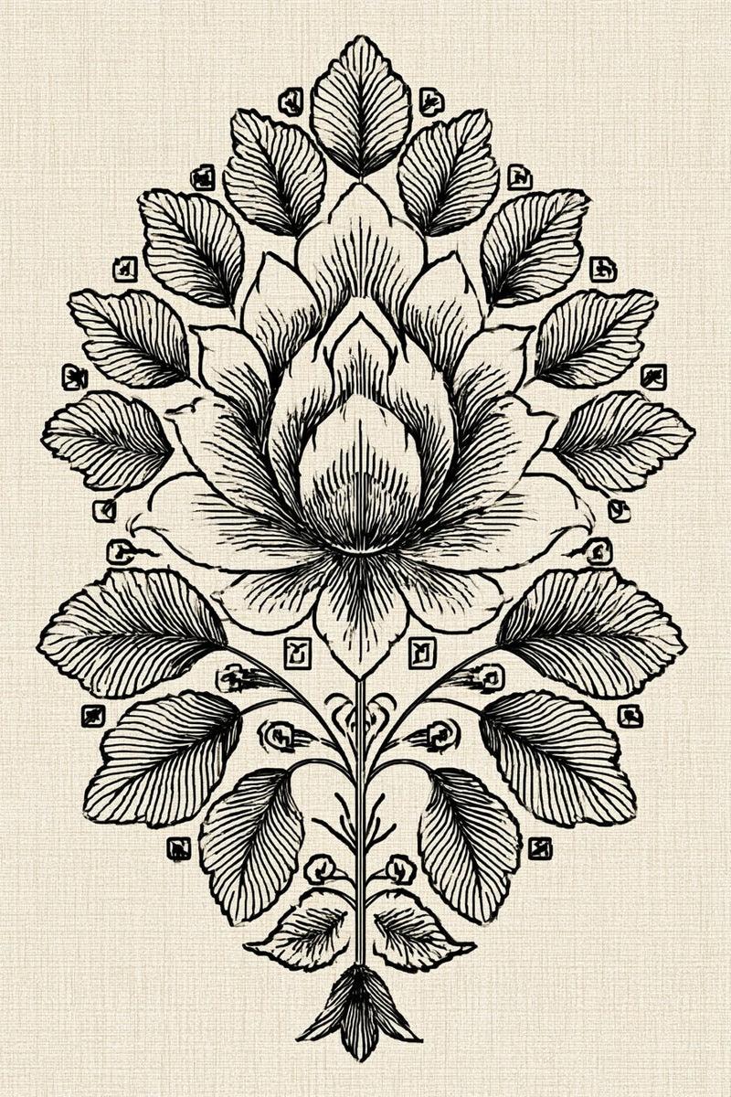 Original drawing of layered lotus and symmetrical leaf medallion from Turkish Embroidery Motifs Book Four.