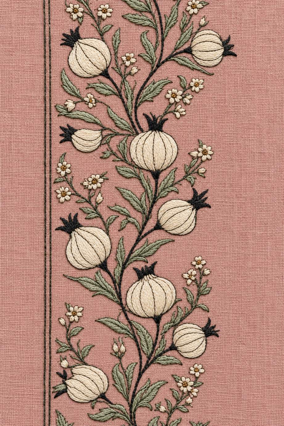 Fine cotton embroidery of pomegranate and small blossom vertical border on dusty rose linen.