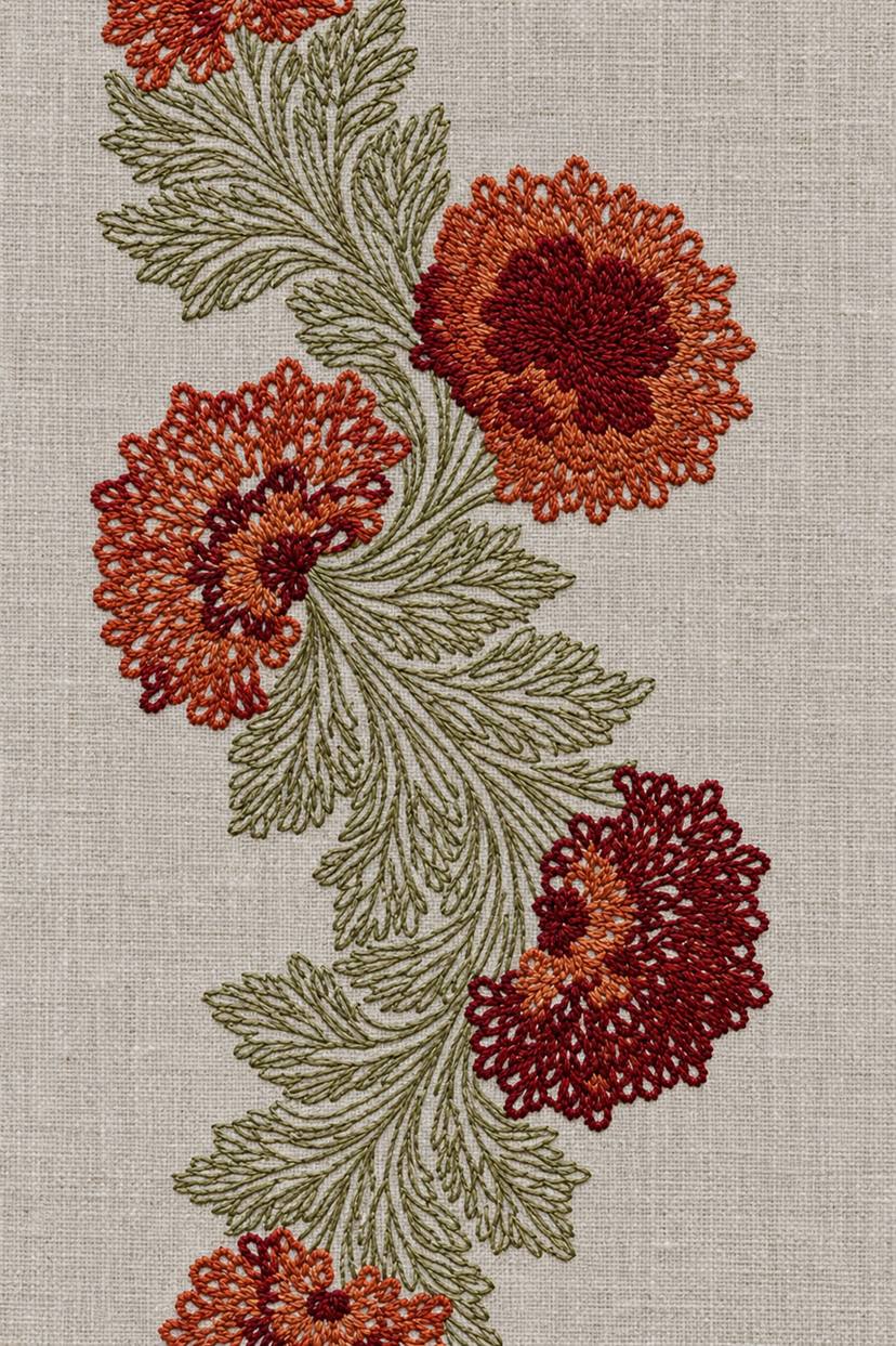 Fine cotton embroidery of rust and burgundy carnation leafy border on stone grey linen.