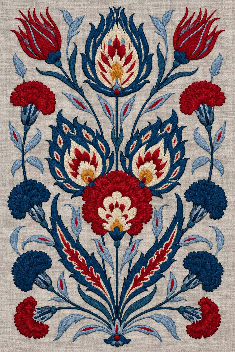 Fine cotton embroidery of symmetrical crimson and indigo tulip carnation panel on stone grey linen.
