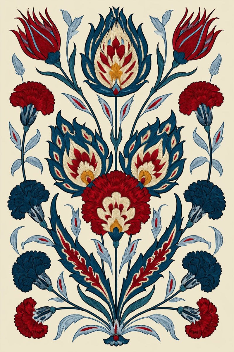Original drawing of symmetrical crimson and indigo tulip carnation panel from Turkish Embroidery Motifs Book Four.