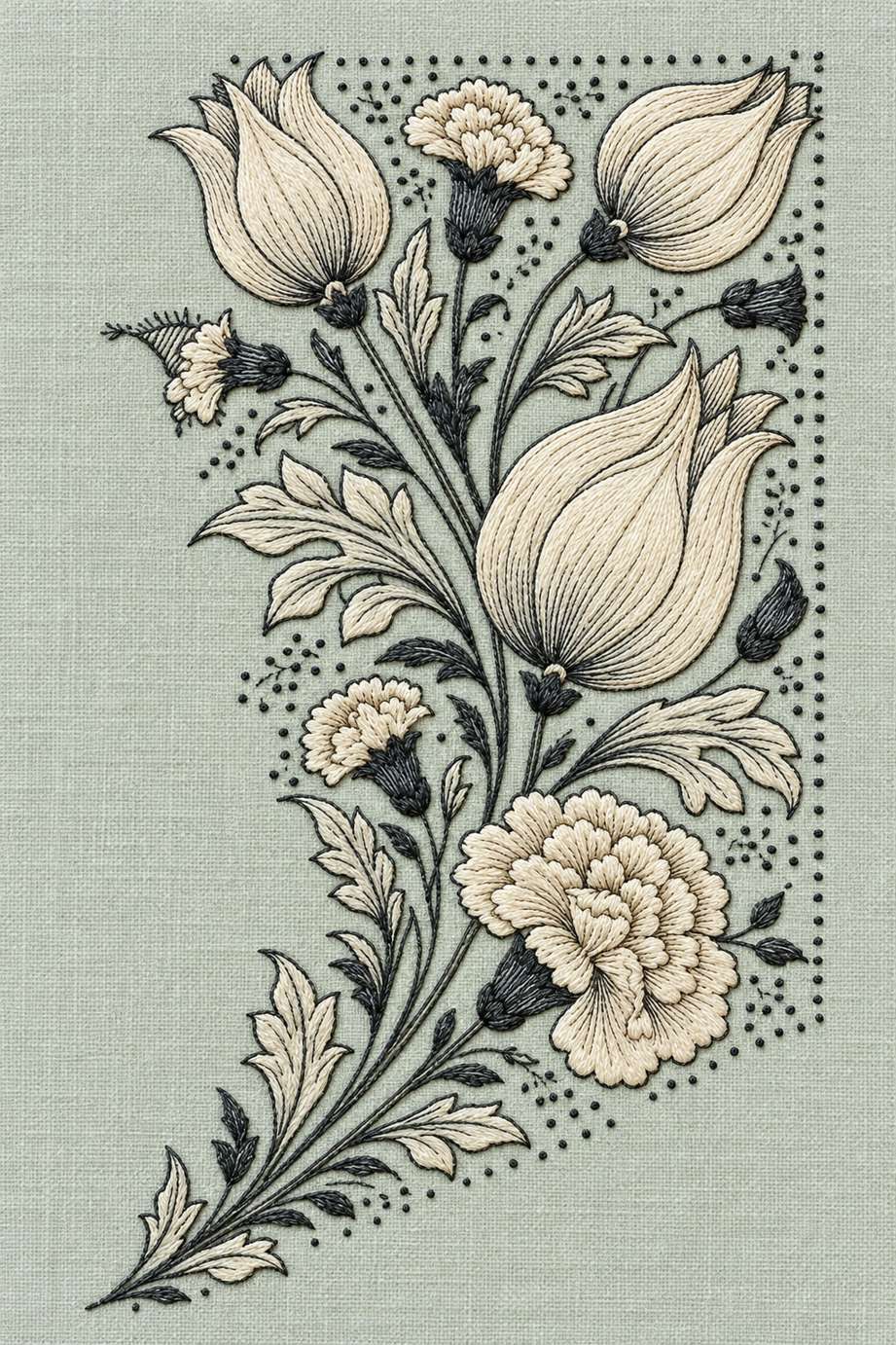 Fine cotton embroidery of tulip carnation corner with dotted edge on pale celadon linen.