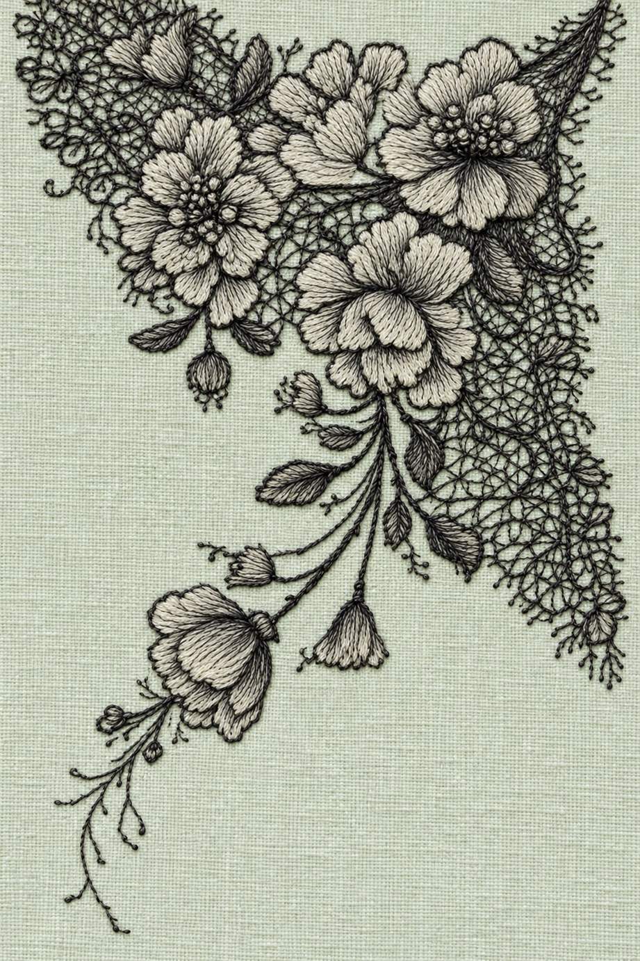 Fine cotton embroidery of floral lace corner with trailing blossoms on pale celadon linen.