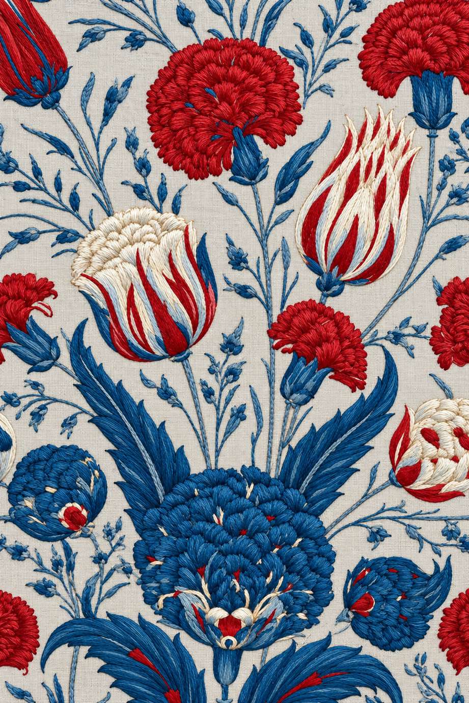 Fine cotton embroidery of iznik red carnations and striped tulips on pale stone grey linen.