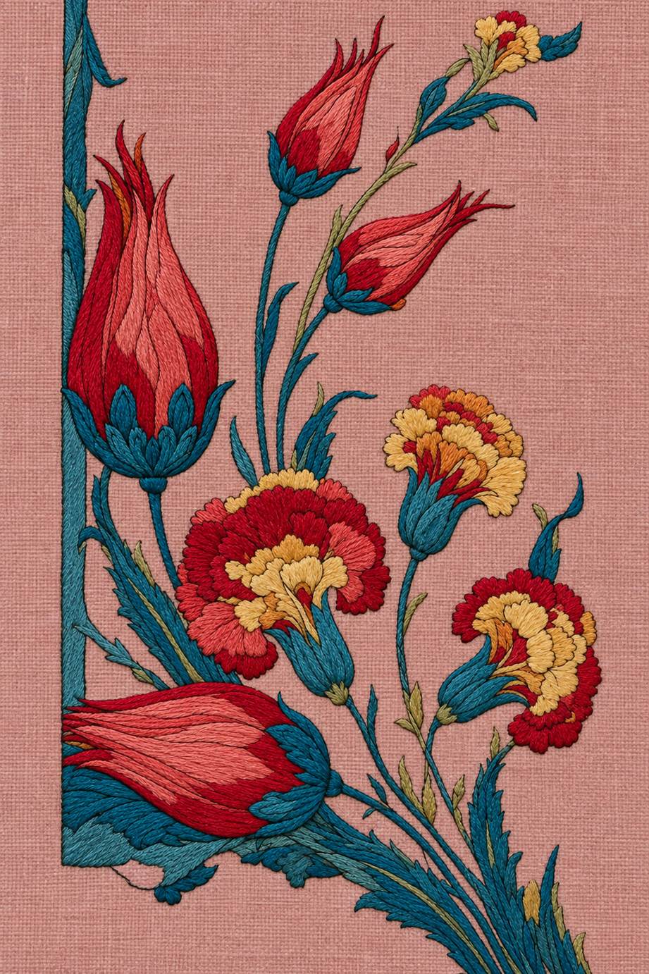 Fine cotton embroidery of red tulips and ochre carnations on dusty rose linen.