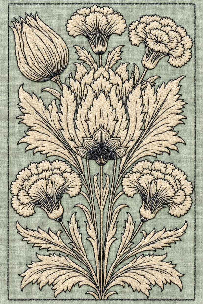 Fine cotton embroidery of central flame tulip and four carnations frame on pale celadon linen.