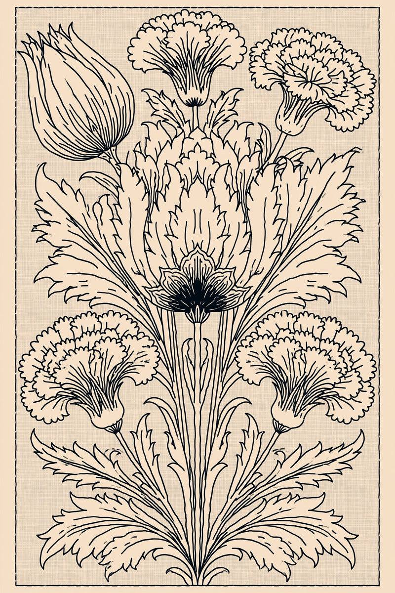 Original drawing of central flame tulip and four carnations frame from Turkish Embroidery Motifs Book Three.