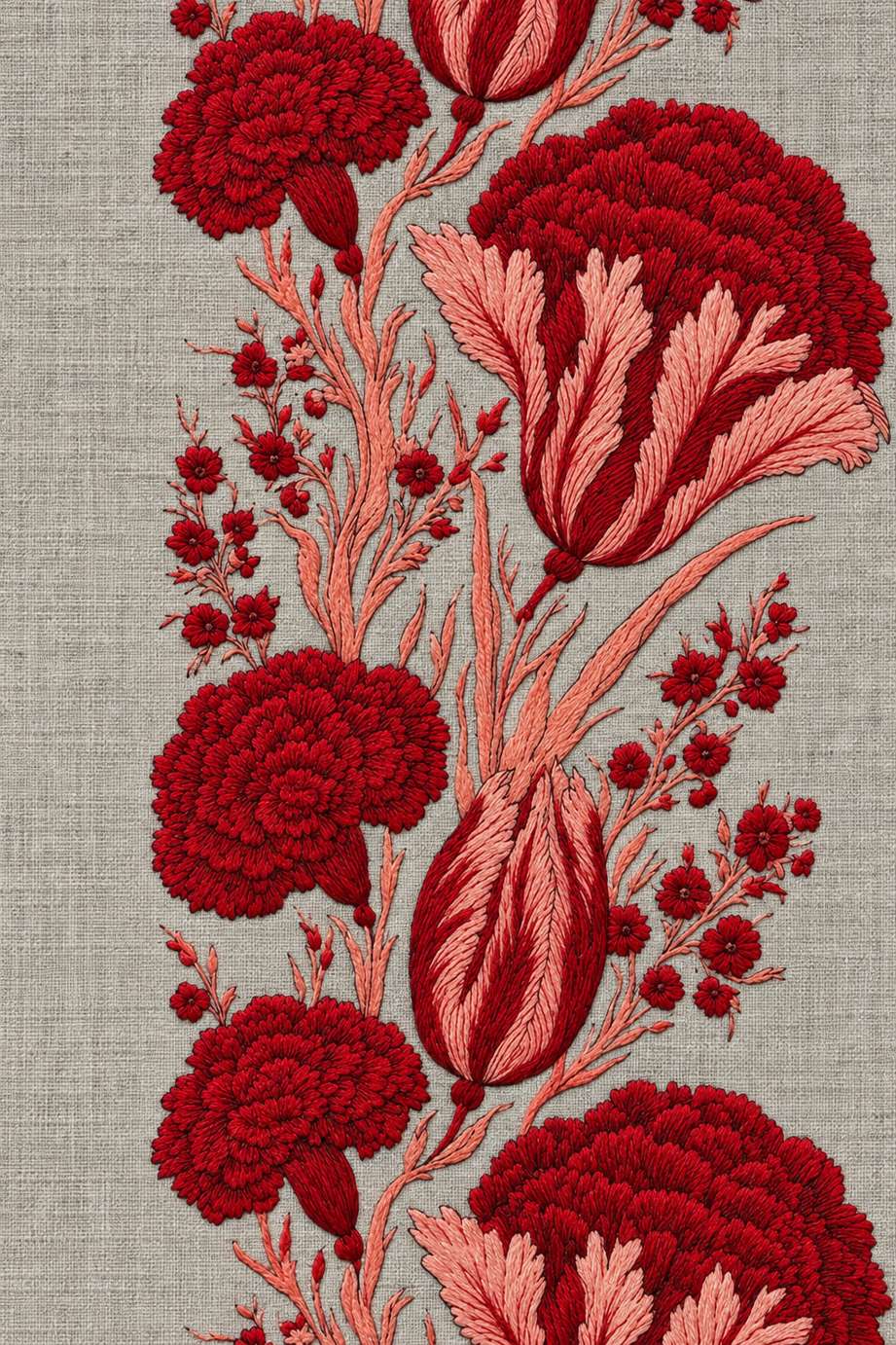 Fine cotton embroidery of crimson and coral carnation tulip band on stone grey linen.