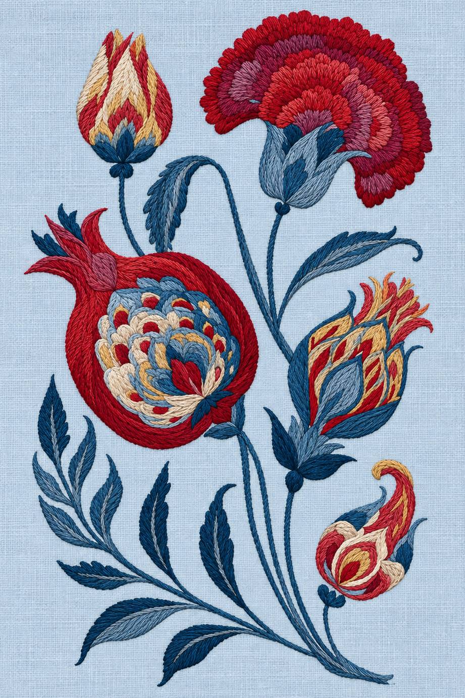 Fine cotton embroidery of crimson pomegranate carnation and flame tulips on powder blue linen.