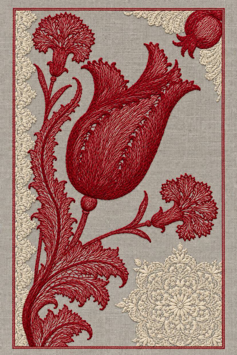 Fine cotton embroidery of crimson tulip with carnation and ornamental corners on stone grey linen.