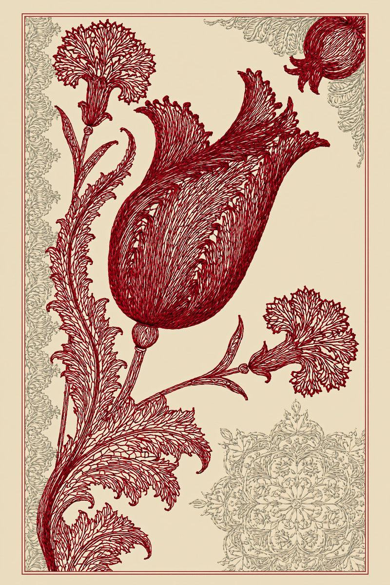 Original drawing of crimson tulip with carnation and ornamental corners from Turkish Embroidery Motifs Book Three.