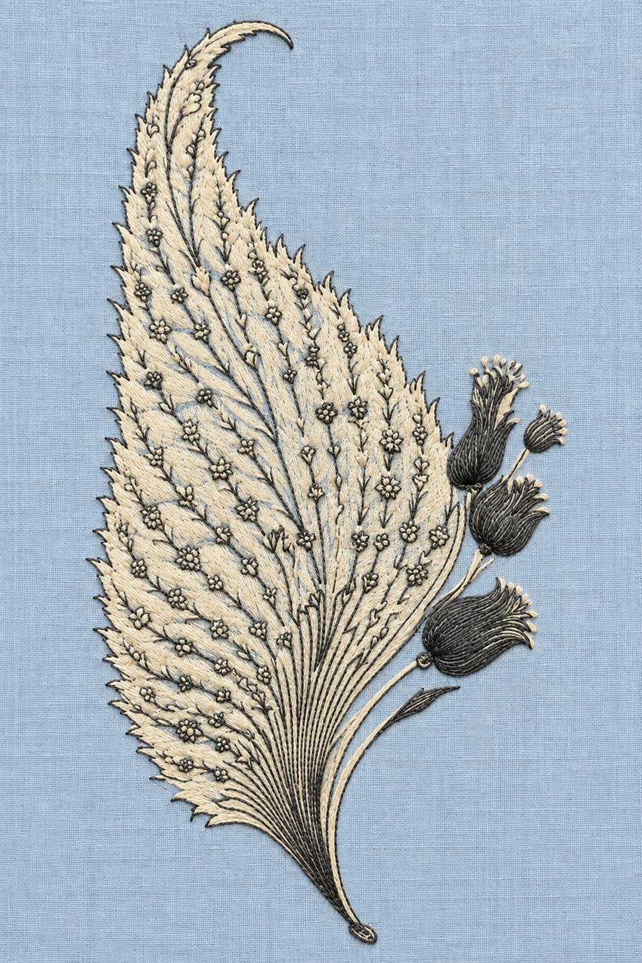 Fine cotton embroidery of curved serrated leaf with tiny flower sprigs on powder blue linen.