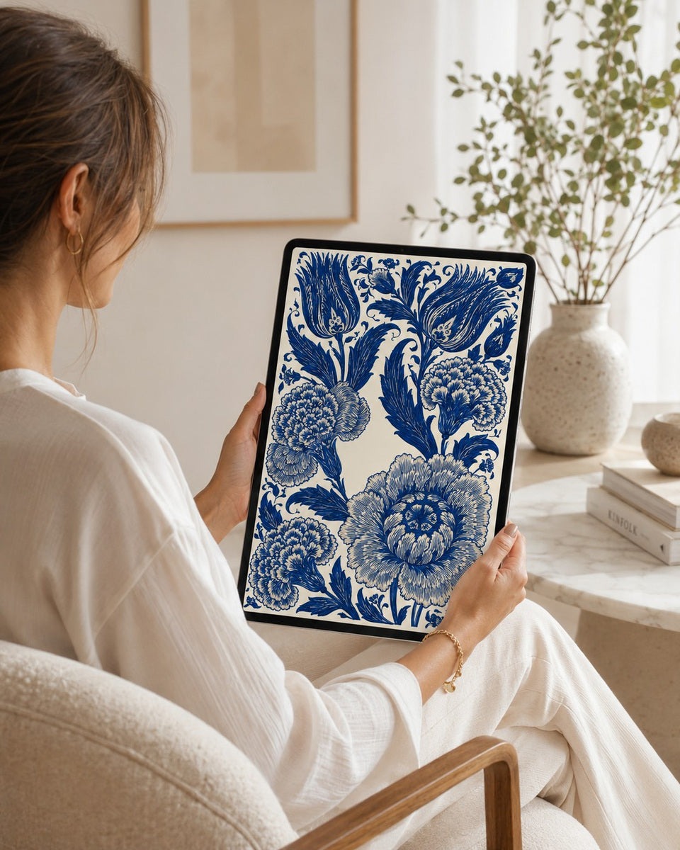 Turkish Embroidery Motifs Book Three blue floral drawing viewed on a tablet in a home setting.