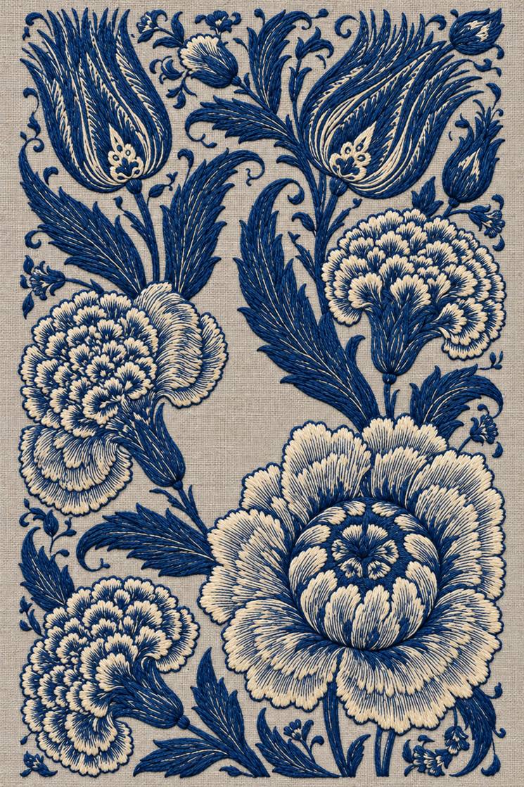 Fine cotton embroidery of indigo tulip carnation and large rosette panel on stone grey linen.