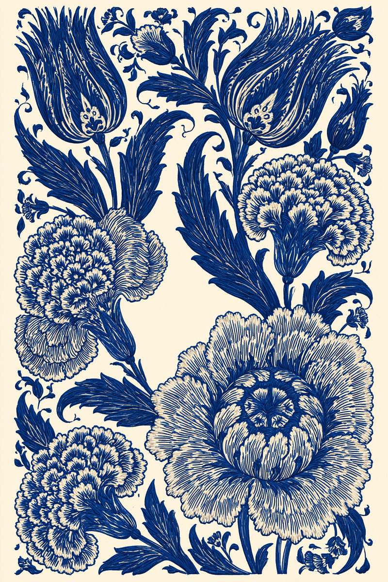 Original drawing of indigo tulip carnation and large rosette panel from Turkish Embroidery Motifs Book Three.