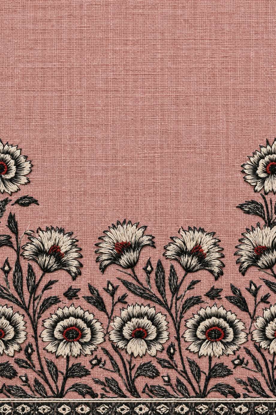 Fine cotton embroidery of ivory and charcoal floral bottom border on dusty rose linen.