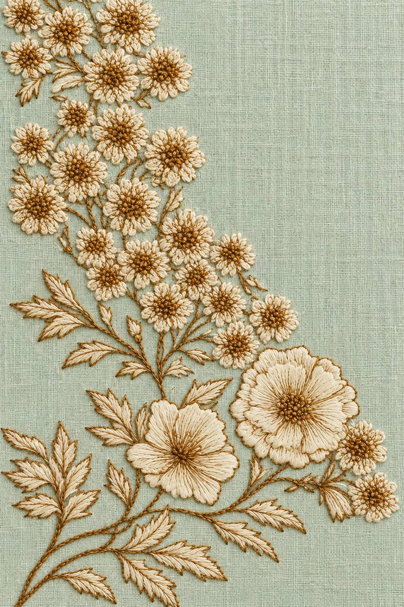 Fine cotton embroidery of ochre daisy and open flower spray on pale celadon linen.