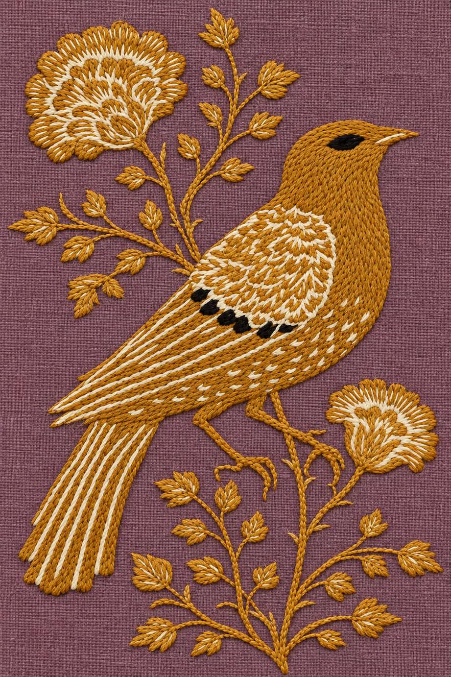Fine cotton embroidery of ochre songbird among carnations on dusty plum linen.