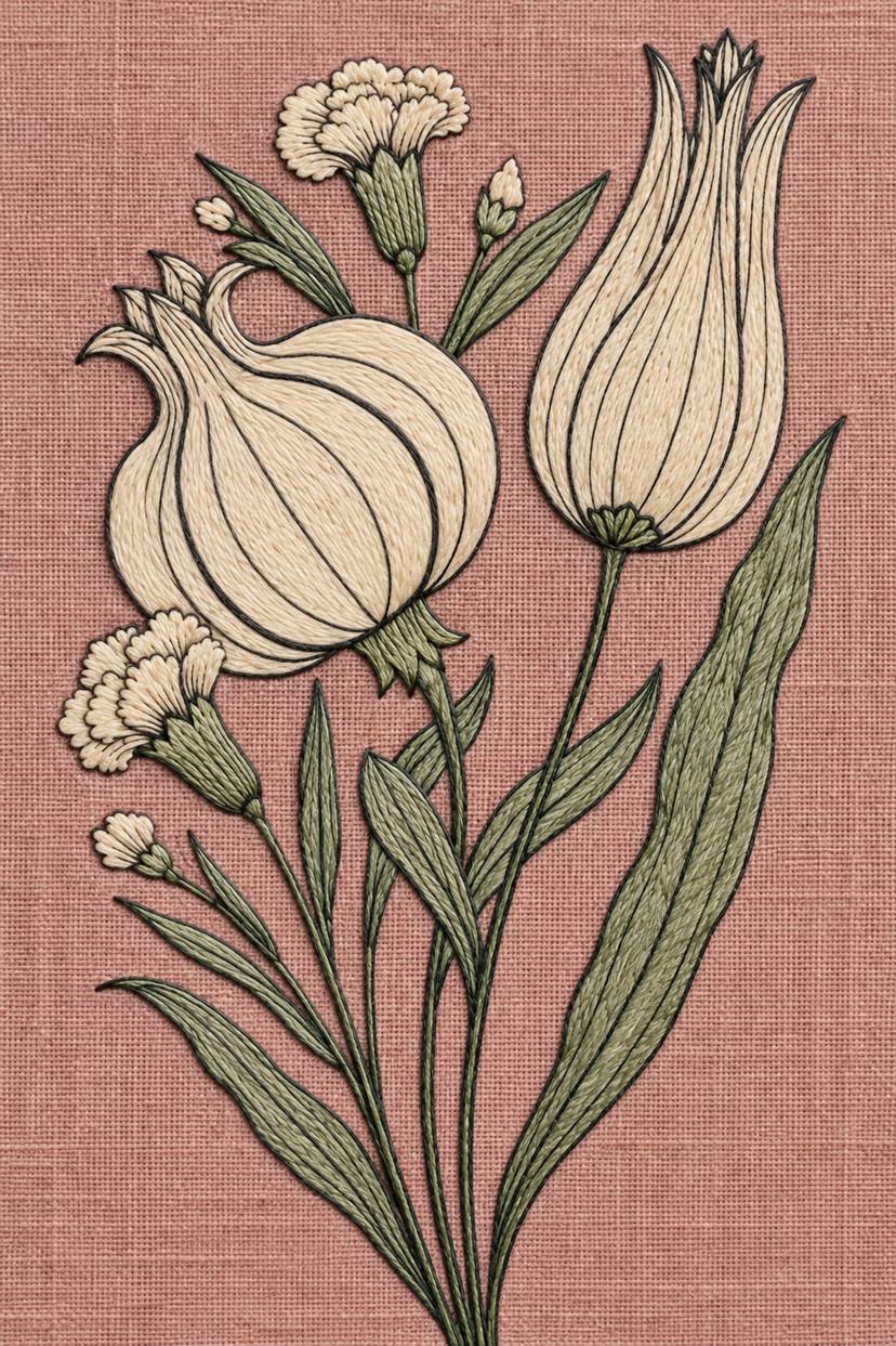 Fine cotton embroidery of pomegranate long tulip and carnations spray on dusty rose linen.