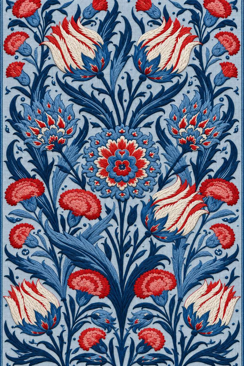 Fine cotton embroidery of red and indigo ottoman floral allover on powder blue linen.