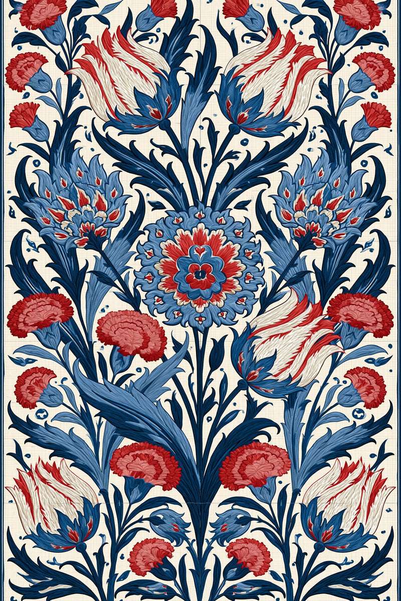 Original drawing of red and indigo ottoman floral allover from Turkish Embroidery Motifs Book Three.