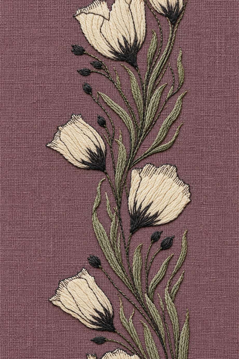Fine cotton embroidery of slender tulip and blade leaf border on dusty plum linen.