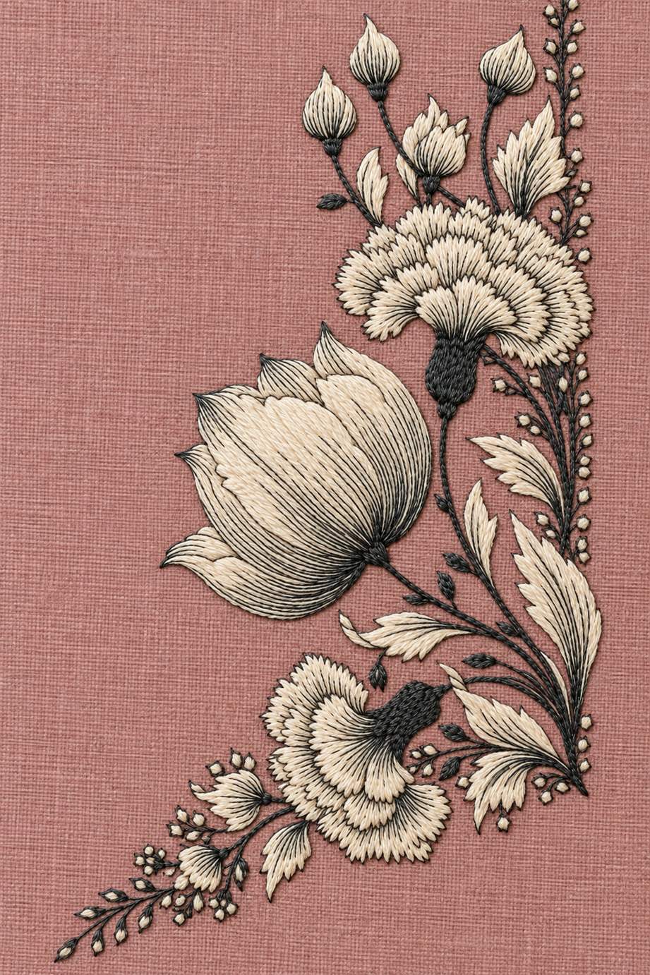 Fine cotton embroidery of tulip and layered carnation corner spray on dusty rose linen.