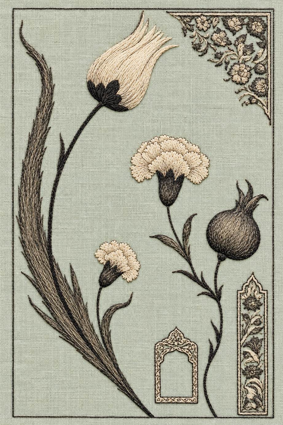 Fine cotton embroidery of tulip carnation and pomegranate ornament plate on pale celadon linen.