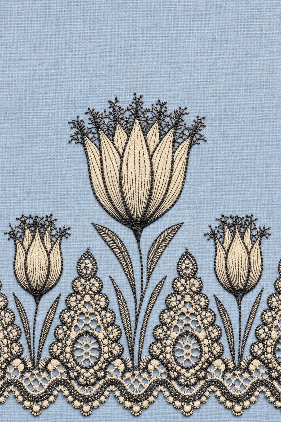 Fine cotton embroidery of central tulip with scalloped lace border on powder blue linen.