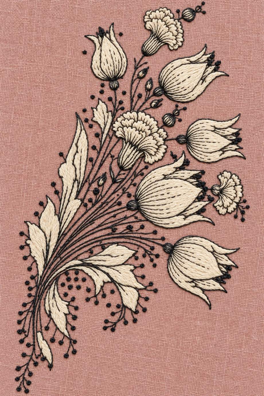 Fine cotton embroidery of diagonal tulip and carnation bouquet on dusty rose linen.