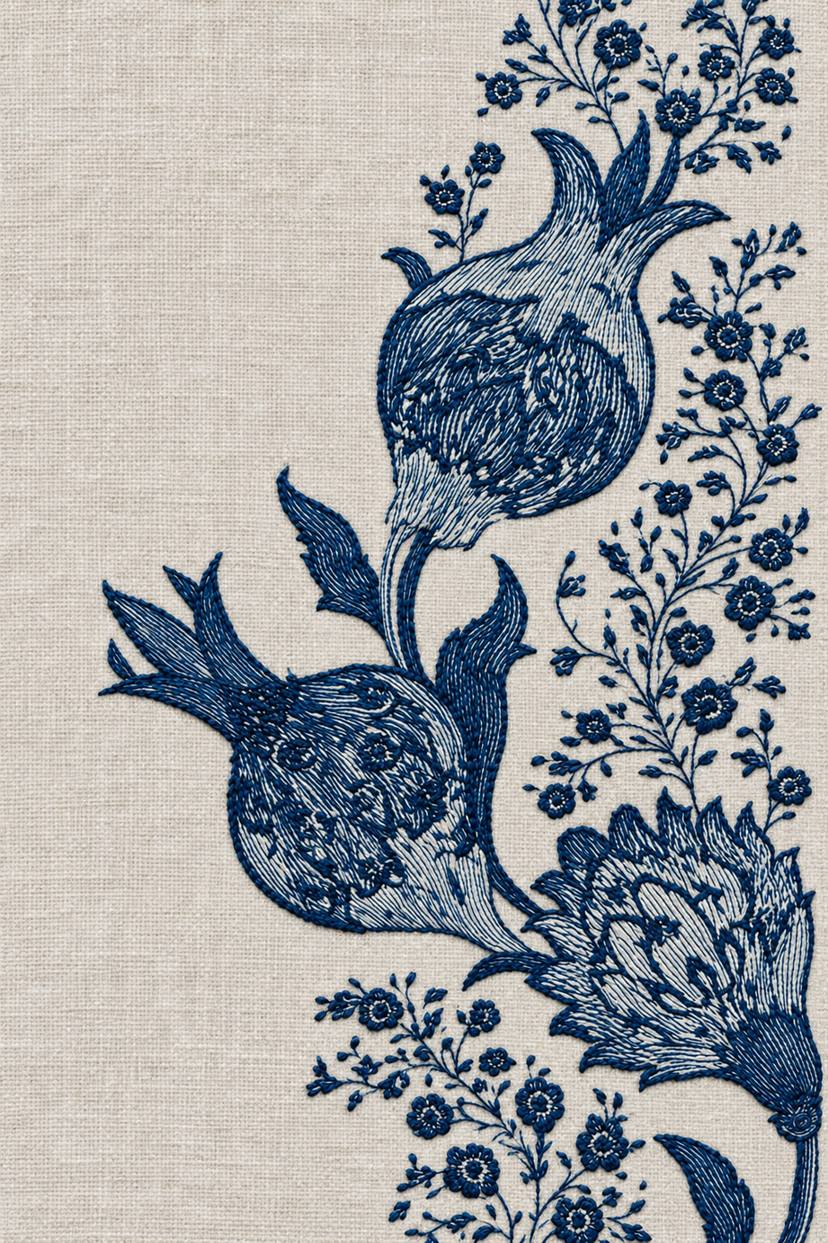 Fine cotton embroidery of indigo pomegranate and small flower border on pale stone grey linen.