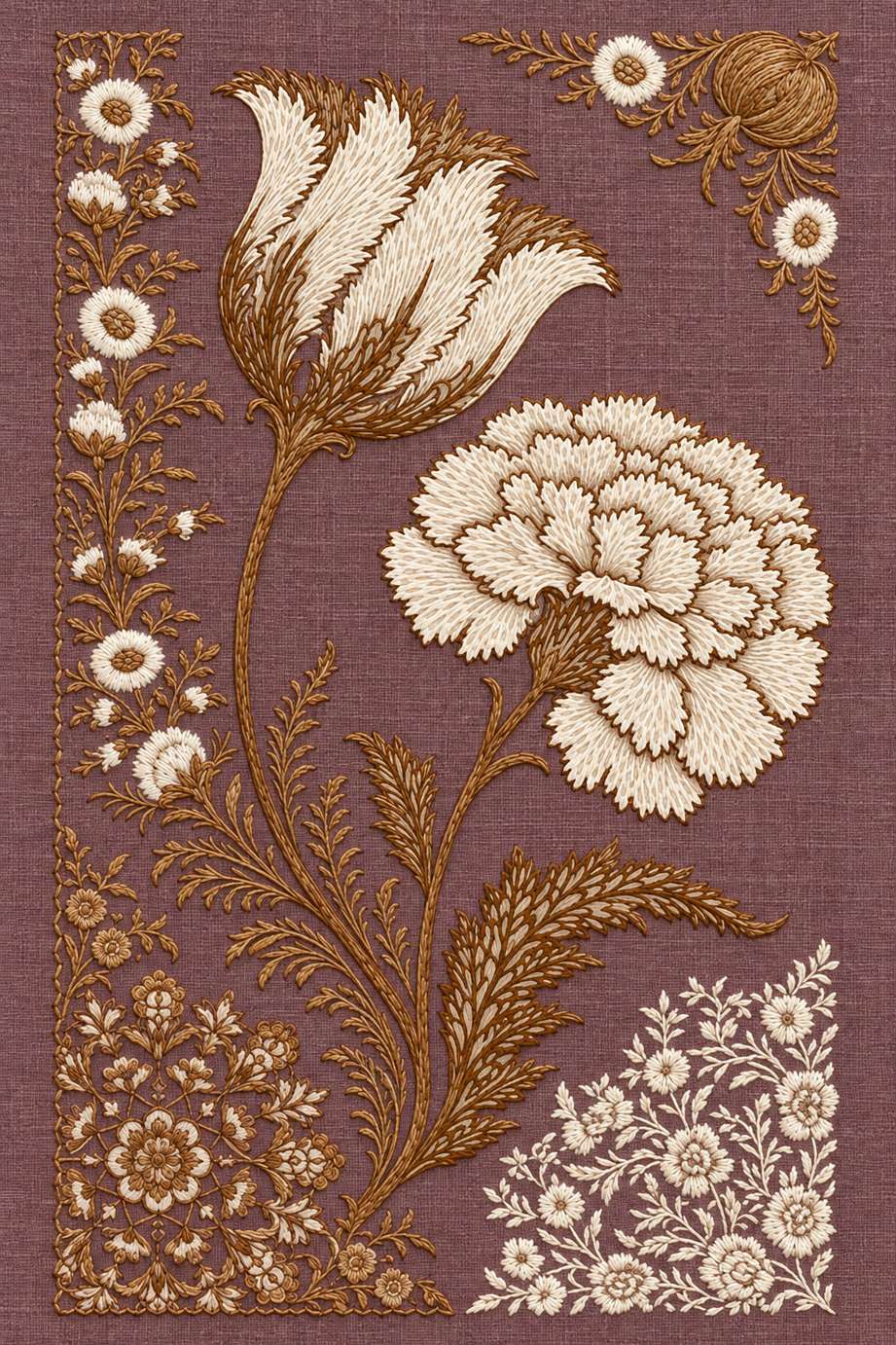 Fine cotton embroidery of ivory and ochre tulip carnation ornament plate on dusty plum linen.