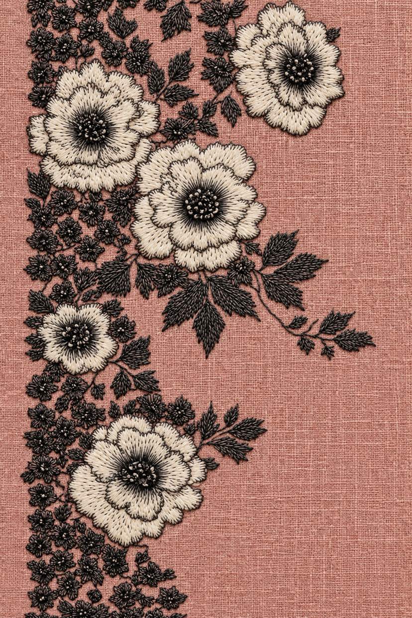 Fine cotton embroidery of layered flower and small blossom side border on dusty rose linen.