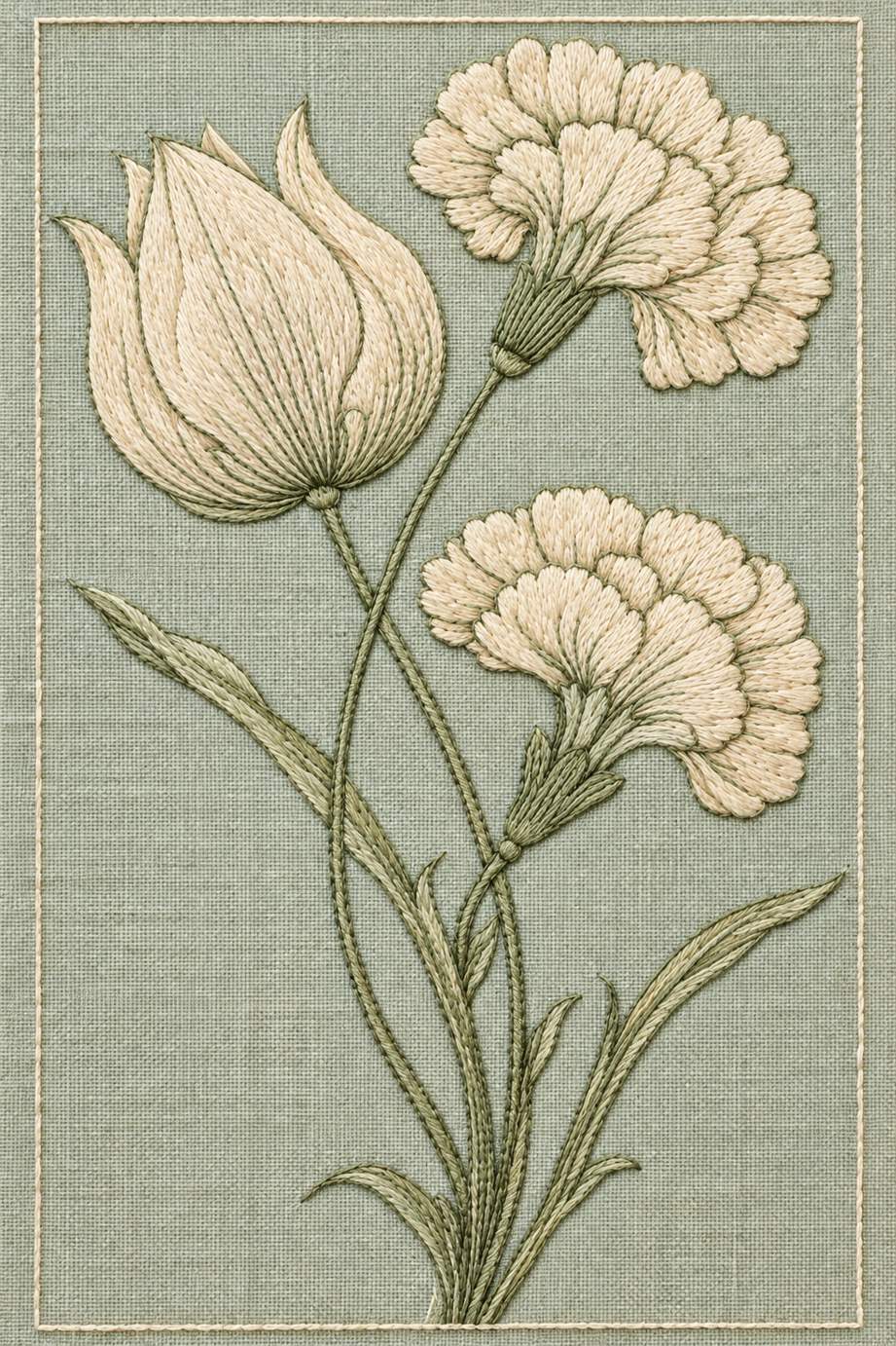 Fine cotton embroidery of one tulip two carnations in thin frame on pale celadon linen.