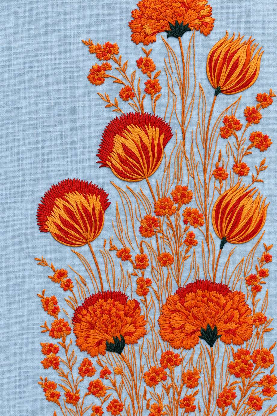 Fine cotton embroidery of orange red tulip and carnation spray on powder blue linen.