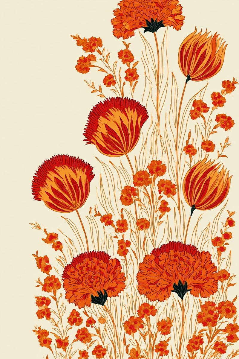 Original drawing of orange red tulip and carnation spray from Turkish Embroidery Motifs Book Two.