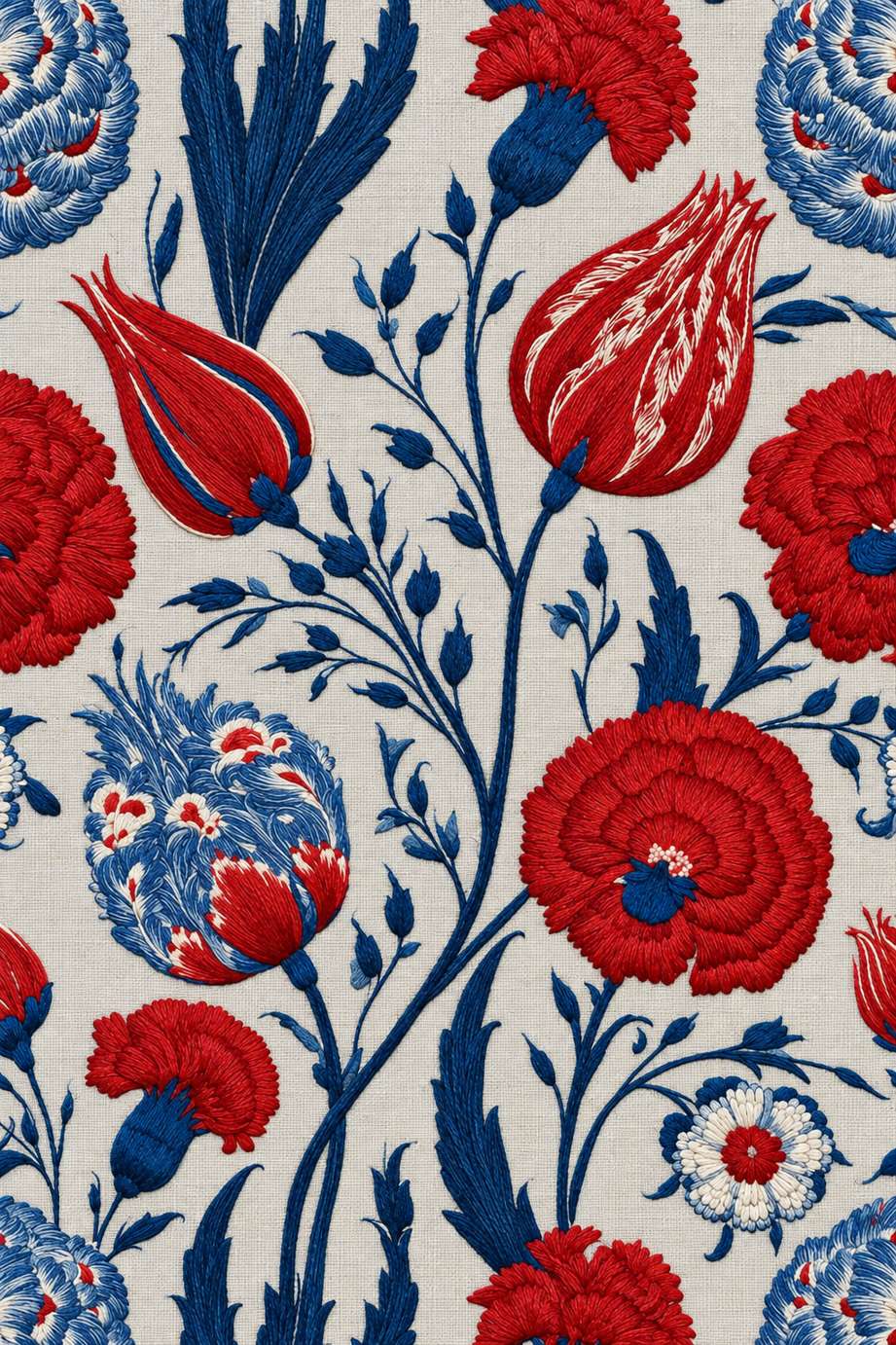 Fine cotton embroidery of red and indigo tulip carnation allover on pale stone grey linen.
