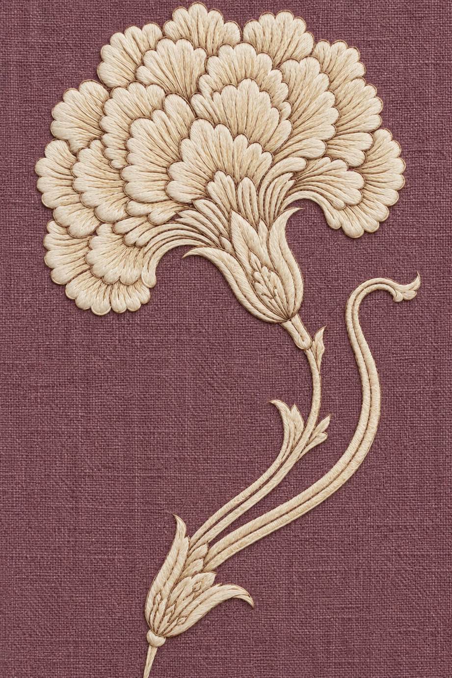Fine cotton embroidery of single fan carnation with curved stem on dusty plum linen.